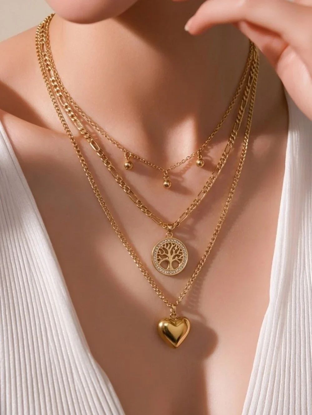 Gold Layered Necklace | Tree of Life & Puffy Heart 3-Layer Love Pendant